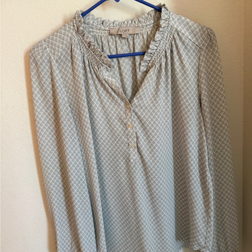 LOFT Light Blue Geometric Ruffle Neck Tunic